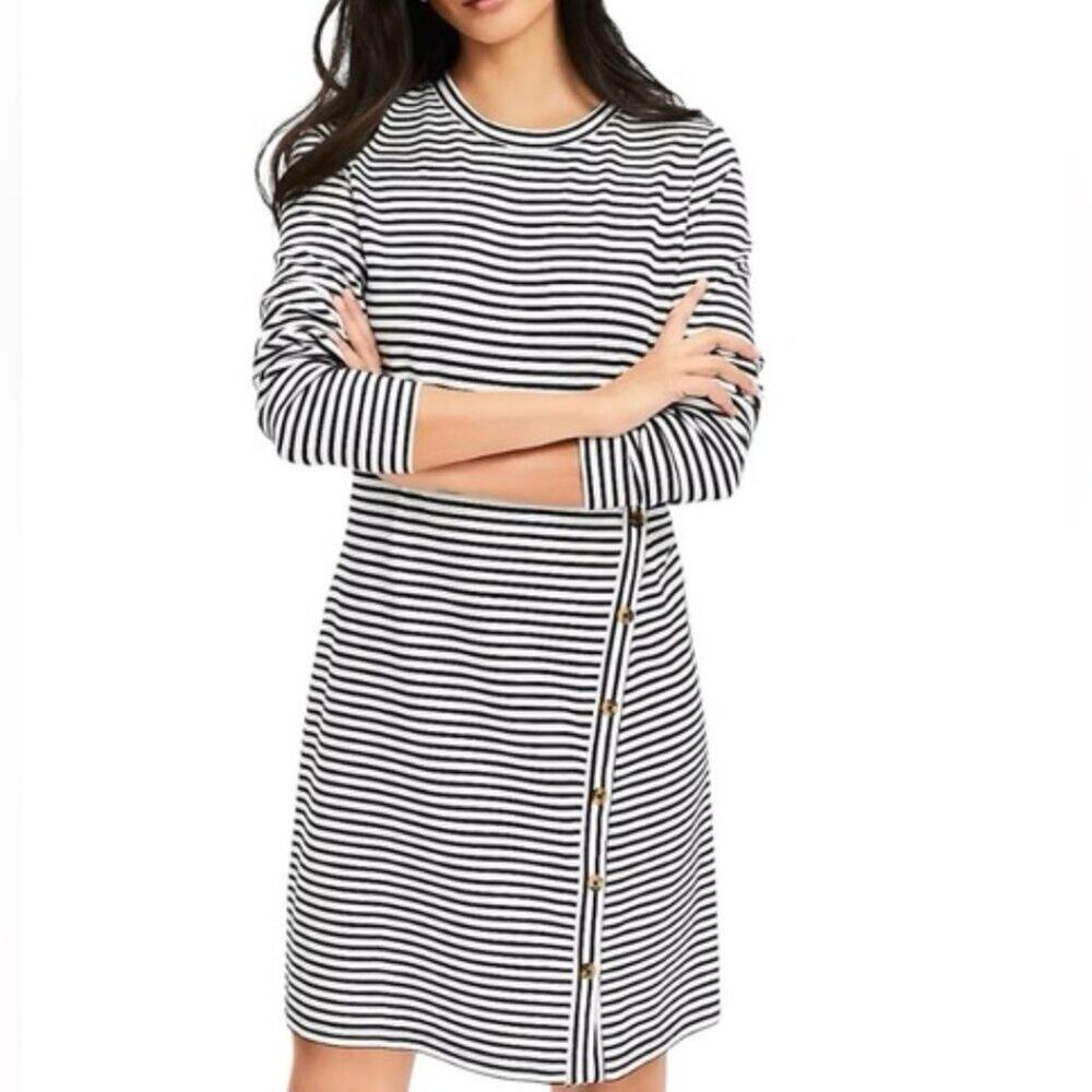 Loft Striped Side Button Long Sleeve Mini Dress Size Small Petite (SP) - Picture 1 of 11